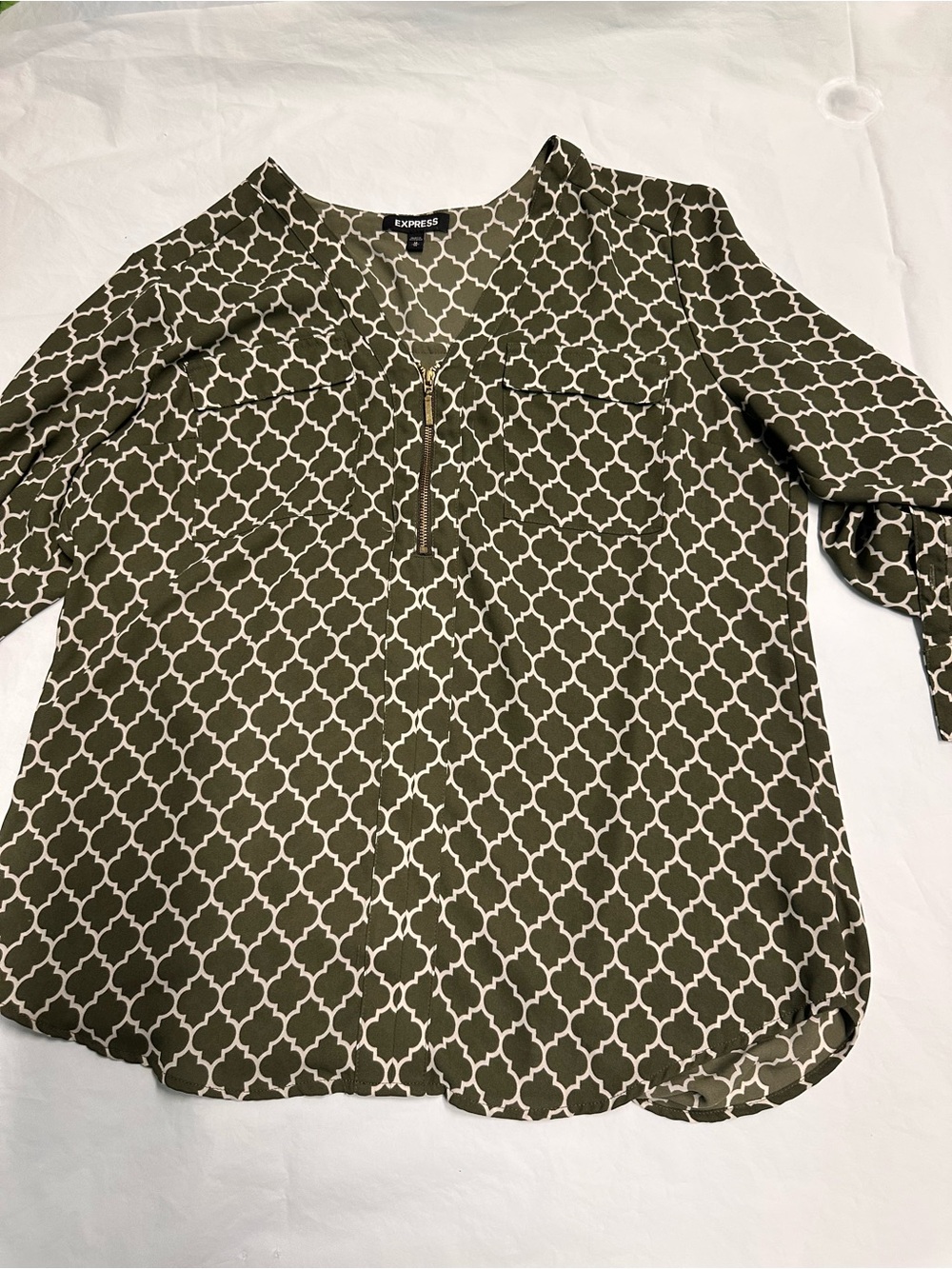 Express Olive and White Zip-Front Geometric Blouse